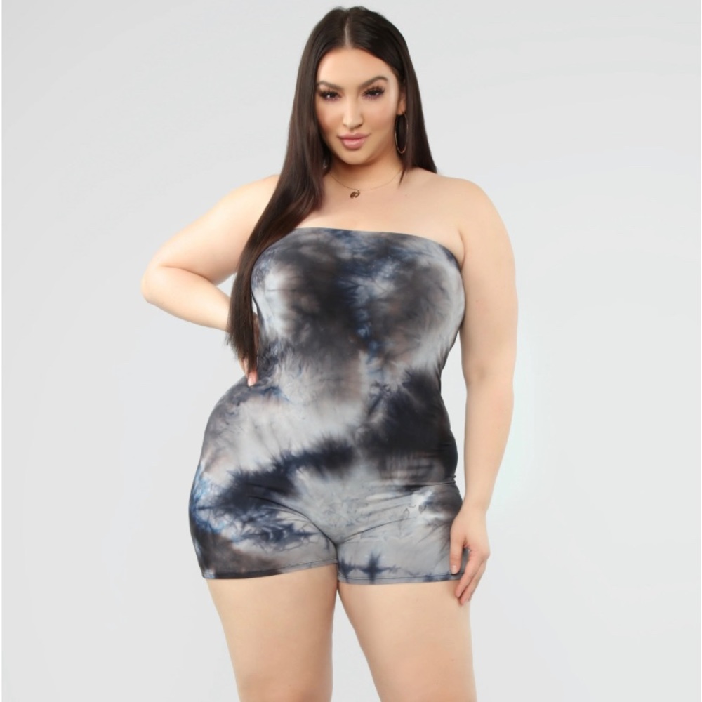 Fashion Nova plus Navy Tie Dye romper
